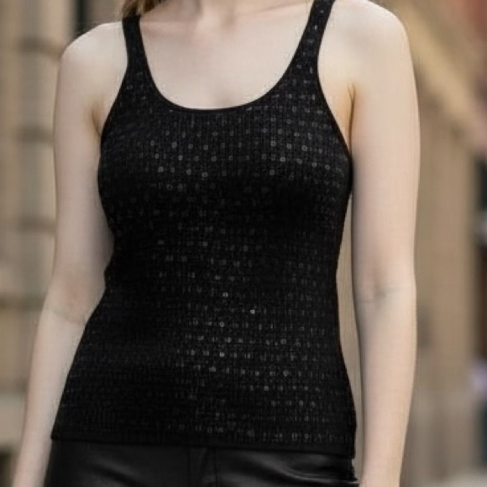 NWT Laundry By Shelli Segal Black Silk /Cotton Sequin Sweater Tank Top SIZE XS